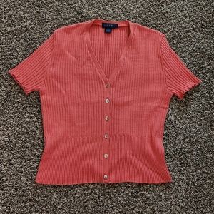 J.Crew Cotton Knit Ribbed V-Neck Short Sleeve Cardigan Sweater Pink Medium